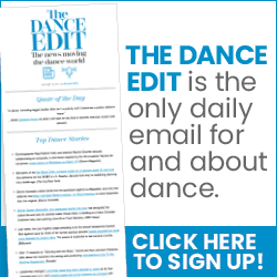 Advertisement for The Dance Edit, promoting it as the only daily email about dance news and stories with a call to action to sign up.