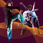 A purple and orange graphic of two dancers in front of a purple and orange background,