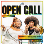 Hi-ARTS open call graphic featuring two artists posing playfully. Text reads: “OPEN CALL: Solo & Duo Edition.”