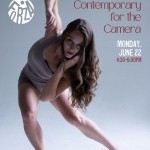 graphic with white dancers with long brown hair looking at camera in grey biketard elbow up in side lunge