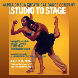 Two dancers with yellow backdrop and text information about the performances
