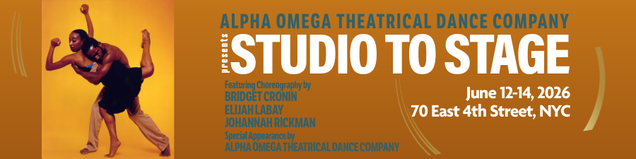 Two dancers with yellow backdrop and text information about the performances