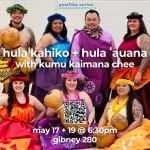 Hālau Nohona Hawaiʻi smiles at the camera, three dancers seated before four dancers standing.
