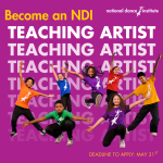 A group of children pose at different levels looking at the camera in front of the text "Become an NDI Teaching Artist"