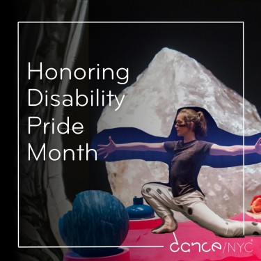 A digitally collaged image of a spinal MRI on the right, showing a spinal lesion with a dancer in a deep lunge looking directly toward the spinal lesion. A large rose quartz crystal is behind the dancer, the word “rose” is placed below the dancer, with other colorful household objects placed in the scene. Text on the image reads ‘Honoring Disability Pride Month’ and the Dance/NYC logo is in the bottom right corner.