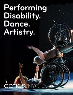 Performing Disability. Dance. Artistry report cover: Venus  is  flying  in  the  air  with  arms  spread  wide,  wheels  spinning,  and  supported  by  Andromeda  who  is  lifting  from  the  ground  below.  They  are  making  eye  contact  and  smiling.  A  starry  sky  fills  the  background  and  moonlight  glints  off  their  rims.   