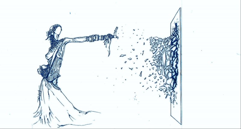 feminine person reaching towards shattering glass wall