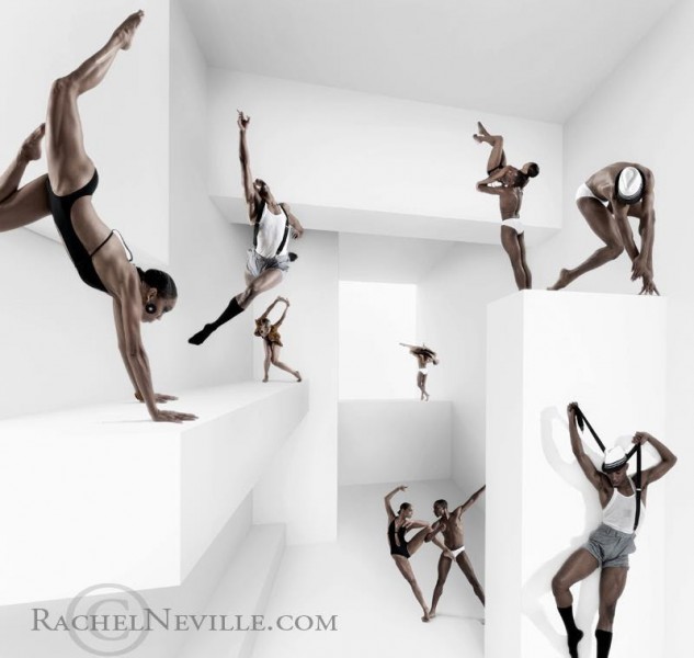 Image of a male and female dancer in different poses in a white cubic space