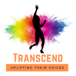 "Transcend" logo with Dancer reaching arms up in a rainbow splash of color behind them