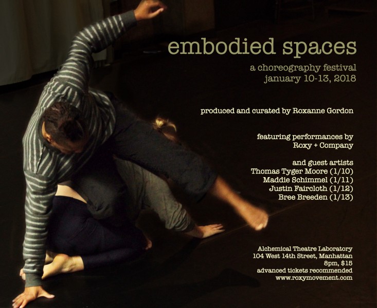 embodied spaces, a photo of two dancers and text about the show