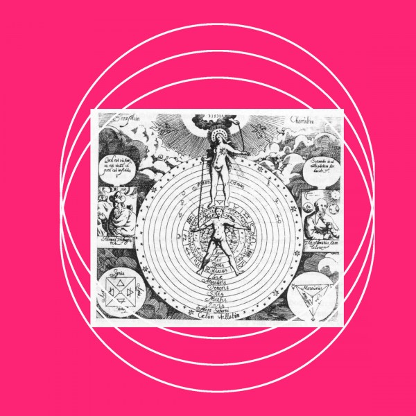 Artistic interpretation of the Vitruvian Man with woman over man. On a bright pink background, with interwoven circles on top.