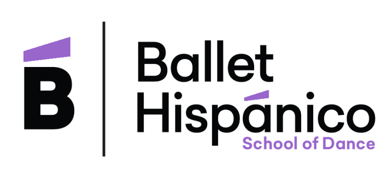 Ballet Hispánico School of Dance Logo. Reads Ballet Hispánico School of Dance with black text and purple accents.