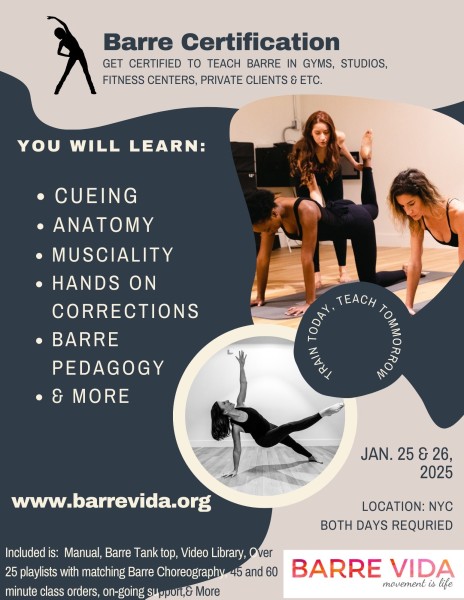 Flyer posting for Barre Certification Training 