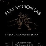 Poster that displays Play Motion Lab Jampagneversary details in black, white, and gold.