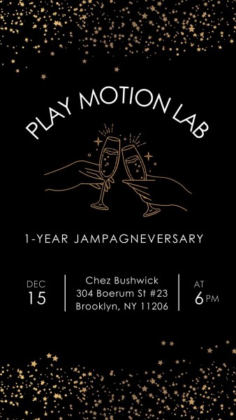 Poster that displays Play Motion Lab Jampagneversary details in black, white, and gold.