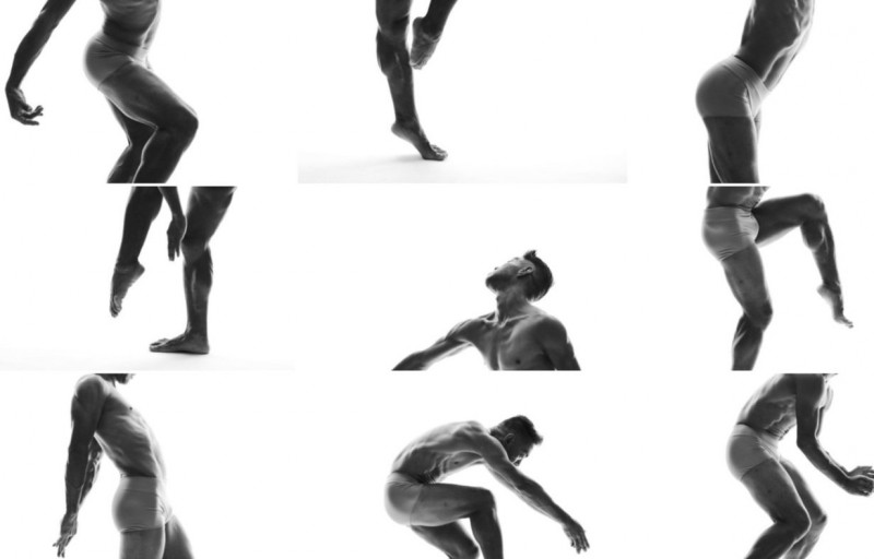 A black and white collaged photo of an Asian male-identifying dancer in various poses.