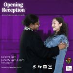 Two women share a professional embrace against a purple background. The text "Opening Reception, directed by morgaine de leonard