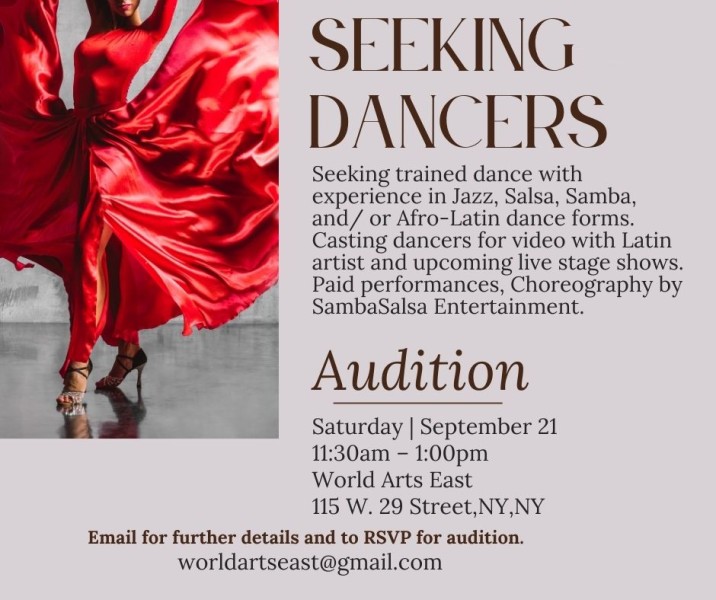 Seeking Male and Female Dancers with Experience in Jazz, Salsa, Samba ,and/or Afro-Latin Dance Forms