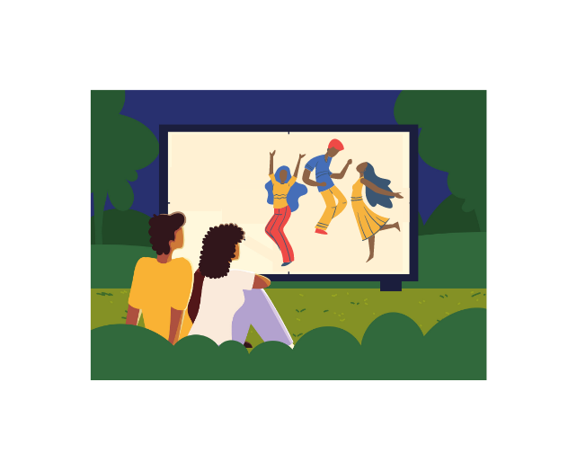 cartoon image of audience members watching a dance-film outdoors.