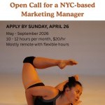 Poster with text, image of a dancer lying on the floor, on her side, with her head and one foot arching back to meet each other