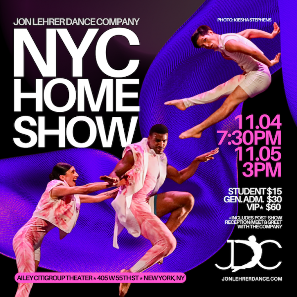 Three dancers in white and pink tuxedo jackets jump through the air with the text: Jon Lehrer Dance Company NYC Home Show