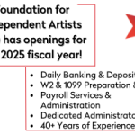 White background with red lines and black text reading: Foundation for Independent Artists has openings for 2025 fiscal year!