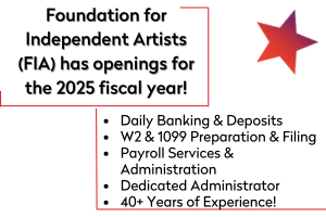 White background with red lines and black text reading: Foundation for Independent Artists has openings for 2025 fiscal year!