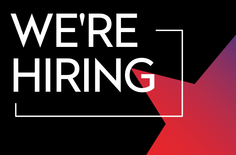 "WE'RE HIRING" in white on a black background. A red gradient star protrudes from the bottom right corner.