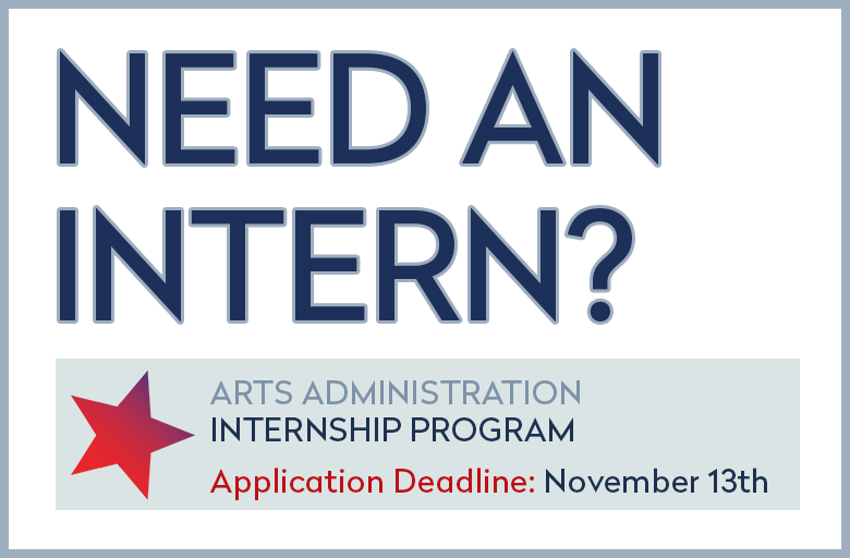 "NEED AN INTERN?" in dark blue letters on a white background. Inside of a small grey blue rectangle is a red gradient star and "