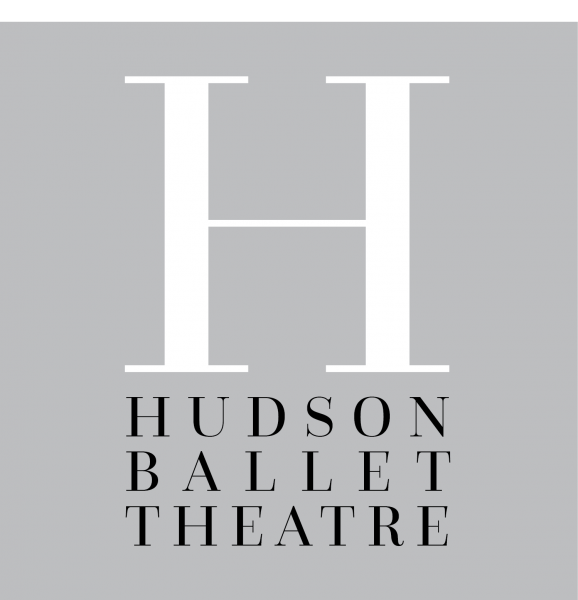 Logo image with a grey square and large capital letter H in white at center. The words "Hudson Ballet Theatre" in black font.