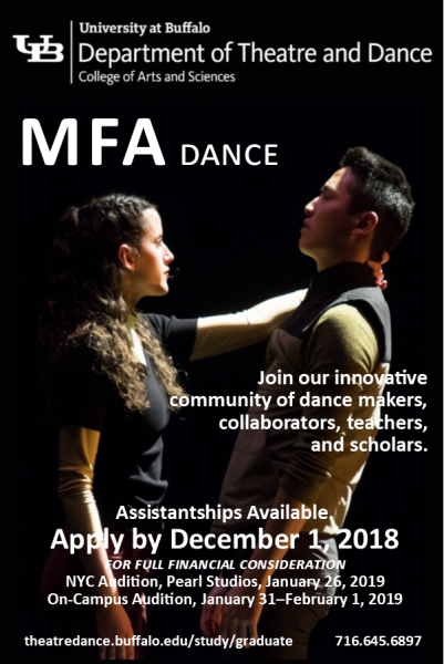 University at Buffalo, MFA Dance Program Auditions, January 26th in NYC and January 31 to February 1 in Buffalo, NY. 