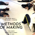 dancers sit and lay scattered on a dance studio floor with text sharing details about the time and place of the workshop