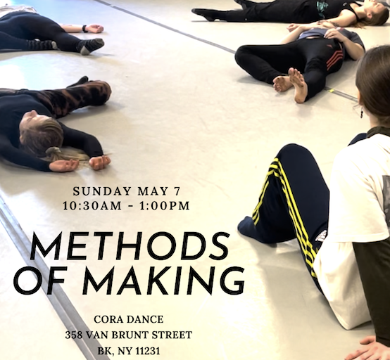 dancers sit and lay scattered on a dance studio floor with text sharing details about the time and place of the workshop