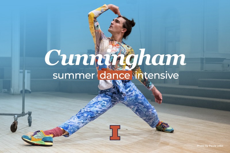 A dancer in brightly colored clothes stands widely with their arms placed. "Cunningham Summer Dance Intensive" is overlayed. 