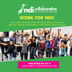 Teaching artists jumping in the air with joy. The top says "Work for NDI"