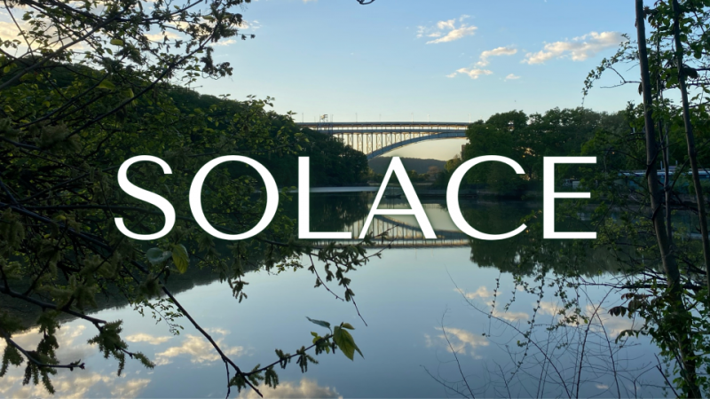 A photograph of the Henry Hudson Bridge seen from Inwood Hill Park on a summer evening, with white text reading "SOLACE."