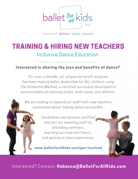 Flyer shows images of teachers working individually with child dance students. Includes description of organization, training 