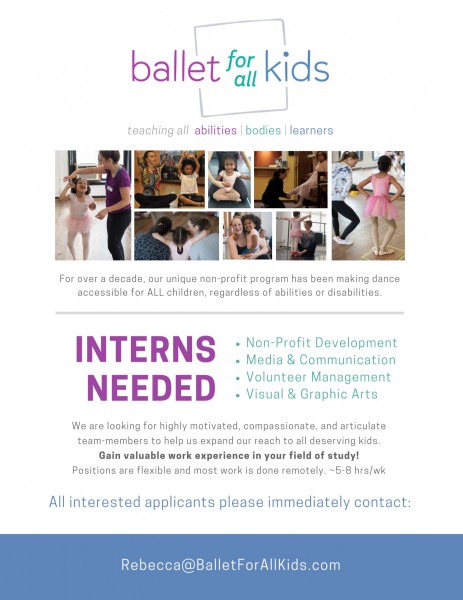 Images of children in dance class, text describes internship positions and contact info