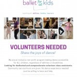Shows images of children in dance class, describes volunteer opportunity