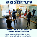Flyer including a photo of teacher leading a group of students in a hip hop class