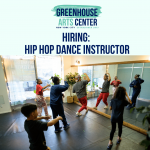 Flyer including a photo of teacher leading a group of students in a hip hop class