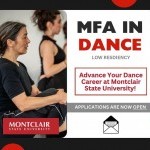 An advertisement for the MFA with a photo of two dancers holding their right knees.