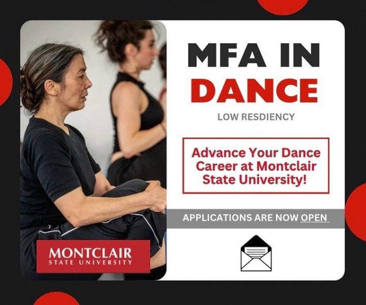 An advertisement for the MFA with a photo of two dancers holding their right knees.