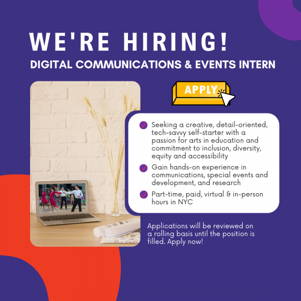 We're Hiring! Picture of laptop with DC kids dancing photo and short job description with apply now button.