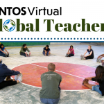 A JUNTOS Movement workshop. Dancers stretch in a circle. Text reads: JUNTOSVirtual Global teachers.