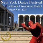 Bi-racial dancer in black leotard and orange skirt on right side of the Lincoln Center Campus. New York Dance Festival logo top.