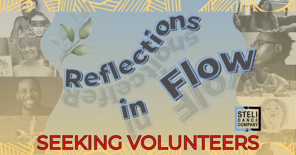 Ombre Blue to yellow background with shadowed text: "Reflections in Flow" and "Seeking Volunteers" under it in Red