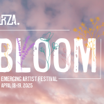 the BLOOM logo infront of a sunset colored sky with whispering clouds