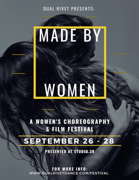 Black and white photo, 2 women with dark wavy hair embraces - yellow text over top "MADE BY WOMEN September 26-28"