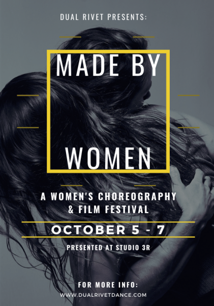 A black and white image of two women hugging. Dark wavy hair covered by yellow text saying "Made By Women" a dance festival 